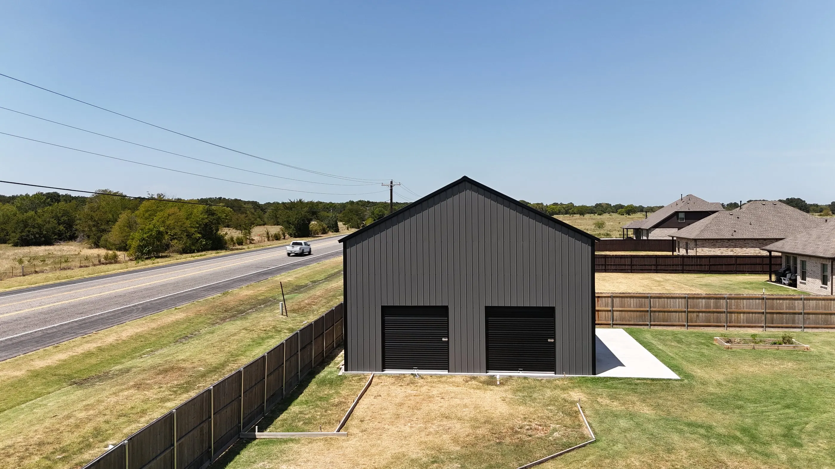 Completed metal building photographed from the air in Greenville, Texas, on an Image Media Lab drone flight