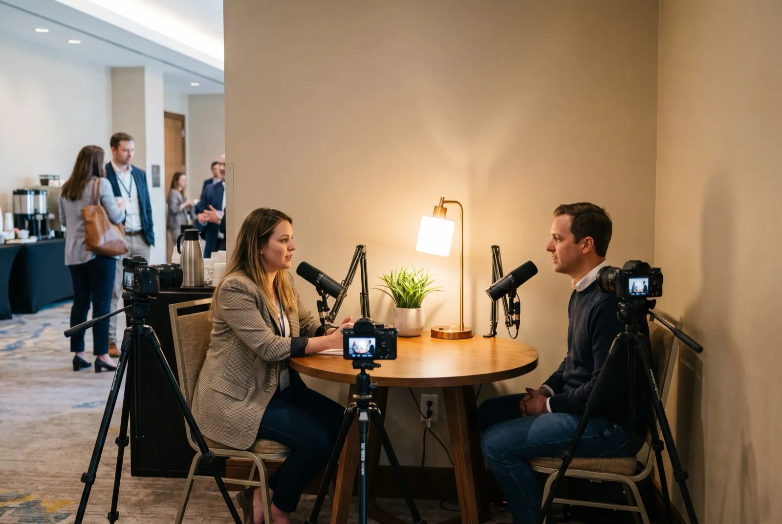 Two people record a podcast conversation at a small table while three cameras on tripods frame them in a hotel foyer