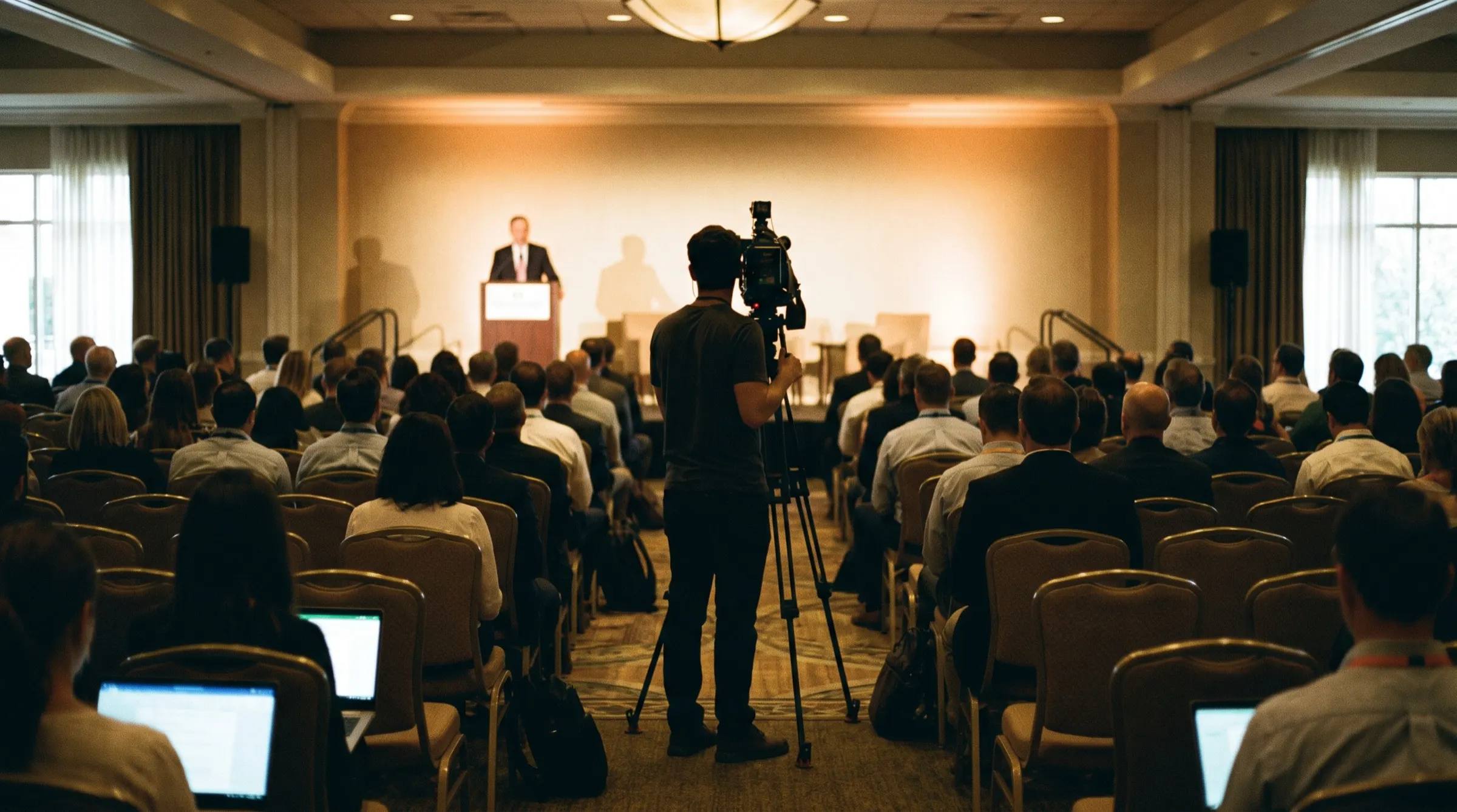 A videographer films a keynote speaker from the center aisle of a hotel ballroom during a corporate conference