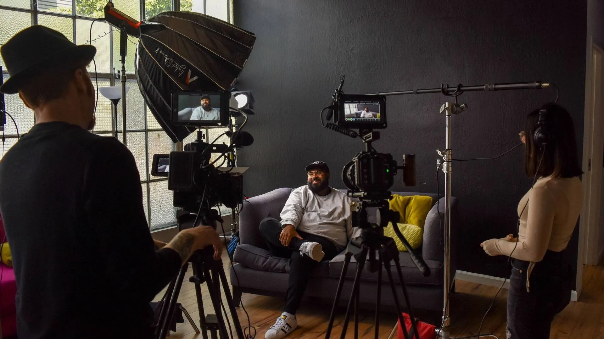 Client speaking on camera during a customer testimonial shoot