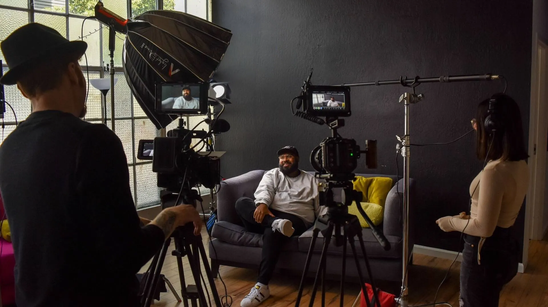Client speaking on camera during a customer testimonial production