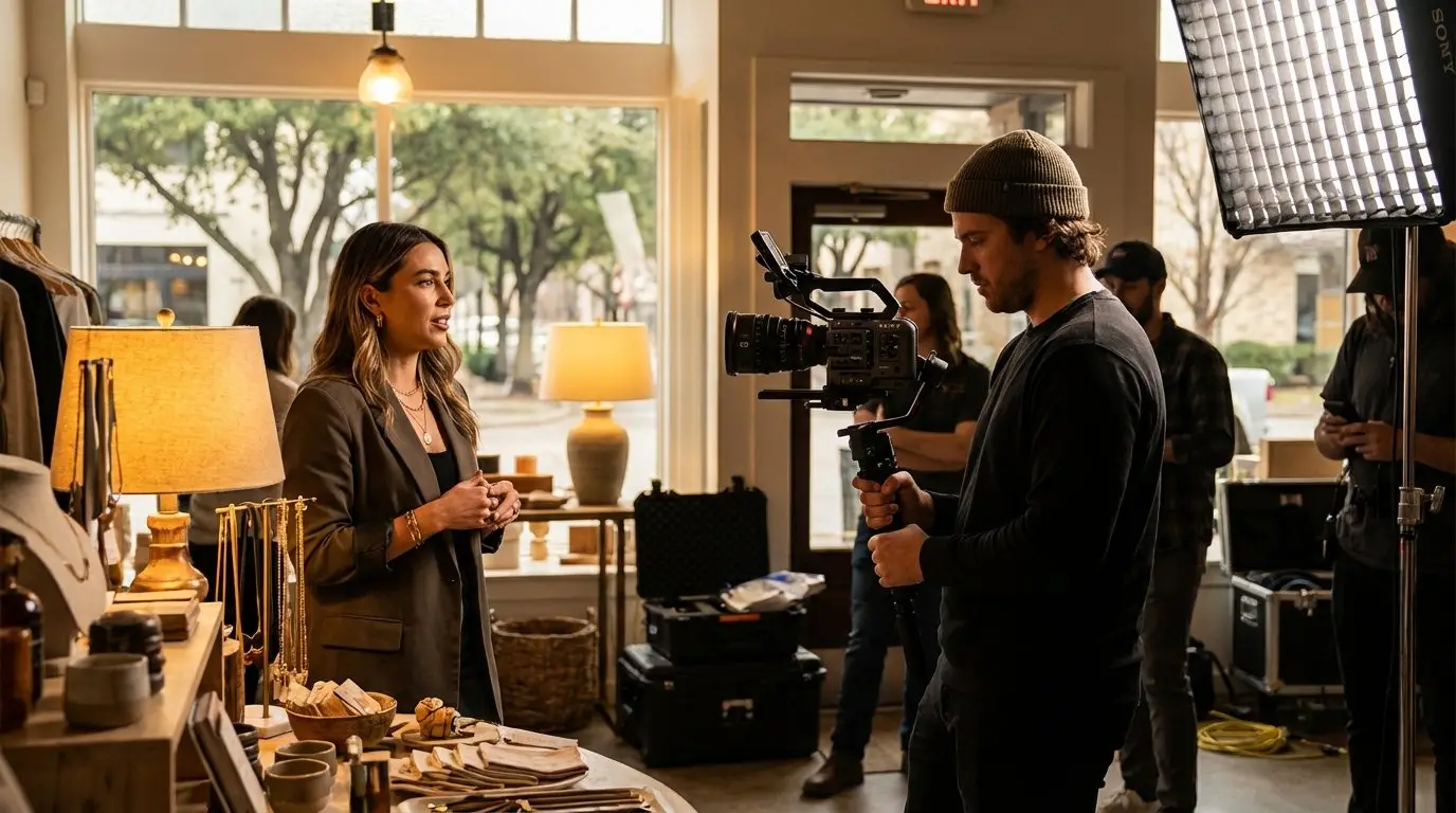 Cinema camera and softbox lighting set up for an interview inside a Dallas boutique