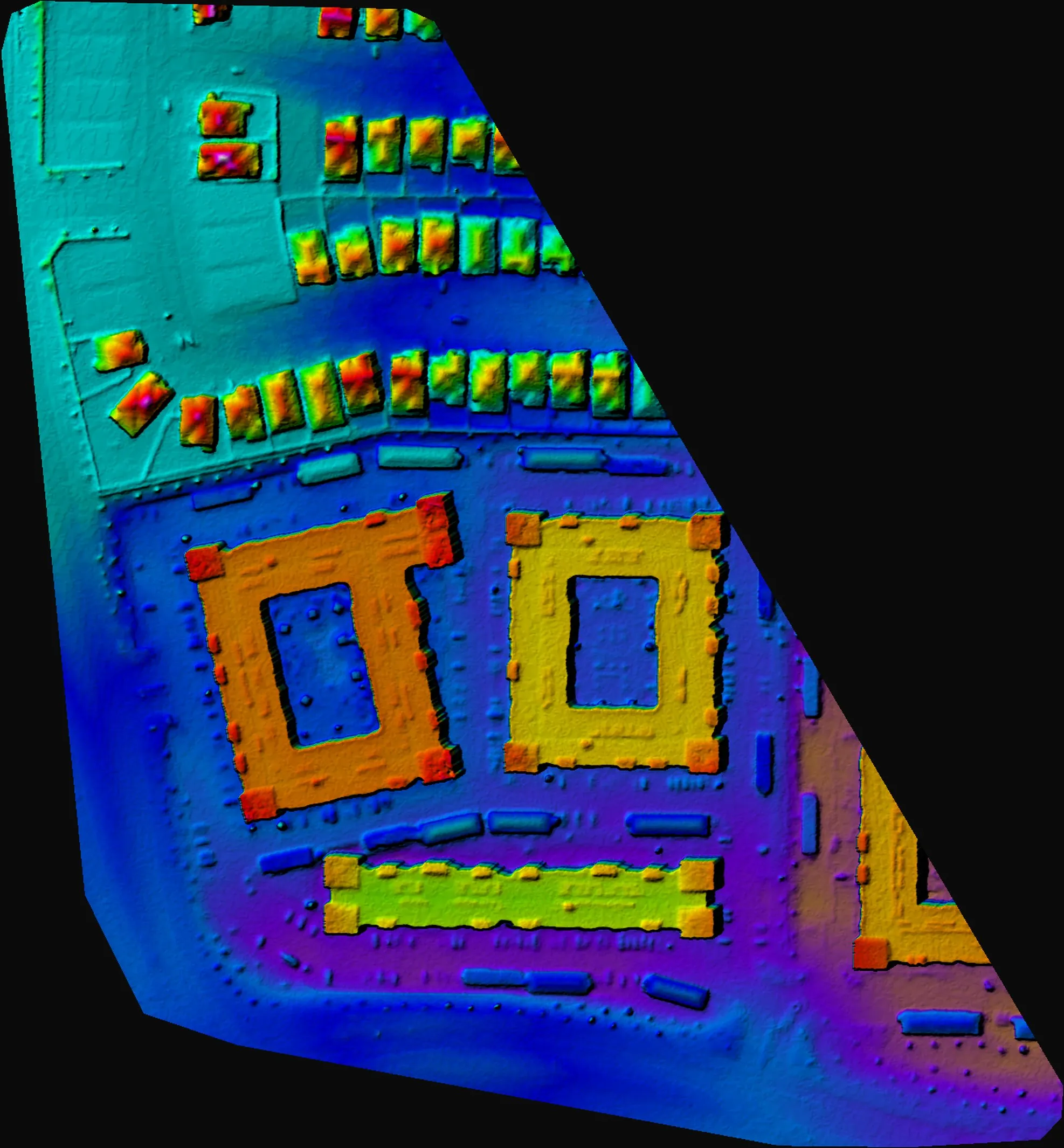 Colorized elevation model of the site, blue at 670 feet rising to red at 733 feet