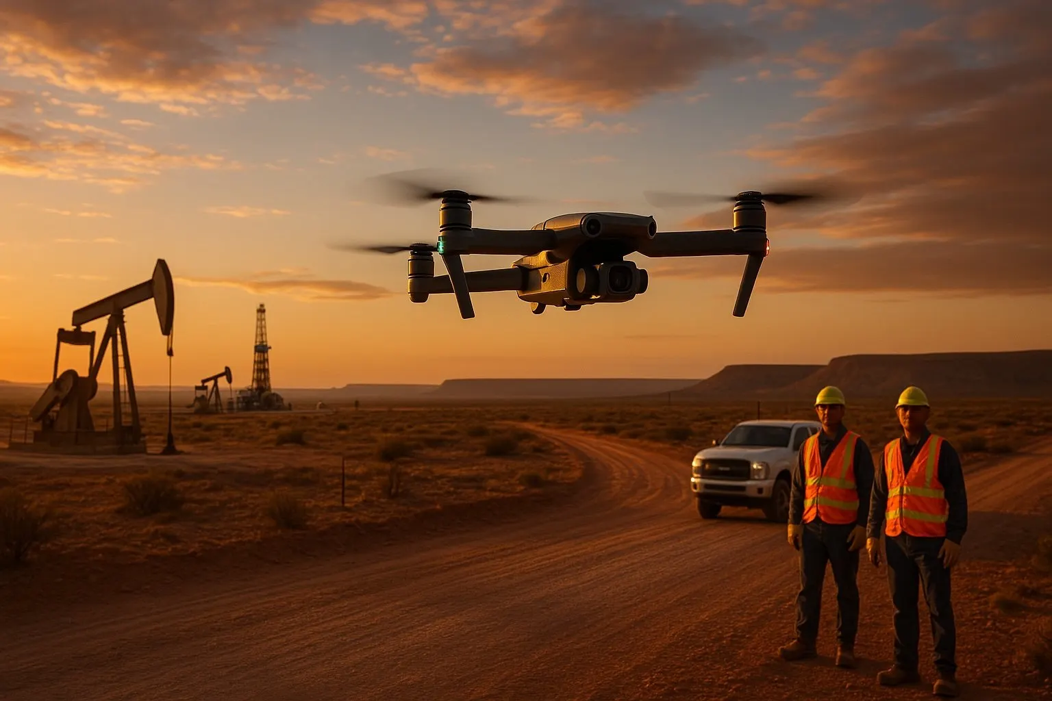 Drone hovering over a West Texas oilfield road at sunset with pump jacks and crew in the background
