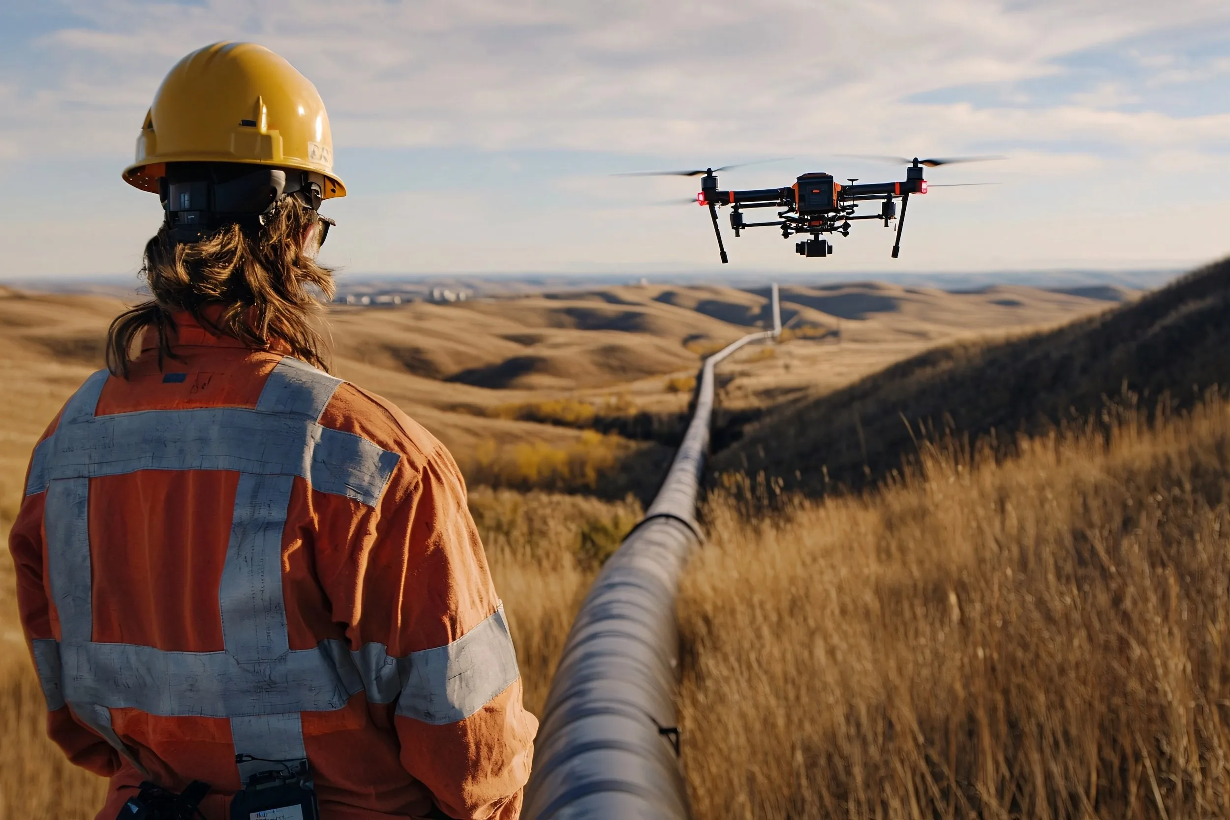 Drone pilot in high-visibility gear watching an inspection drone fly a pipeline corridor in Texas