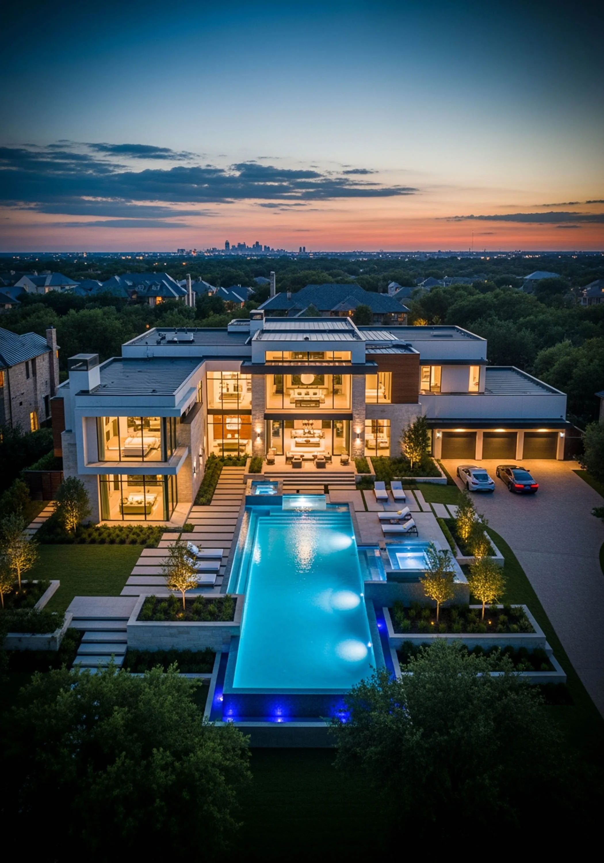Aerial drone photo of a modern Dallas home and pool at dusk with the downtown skyline on the horizon