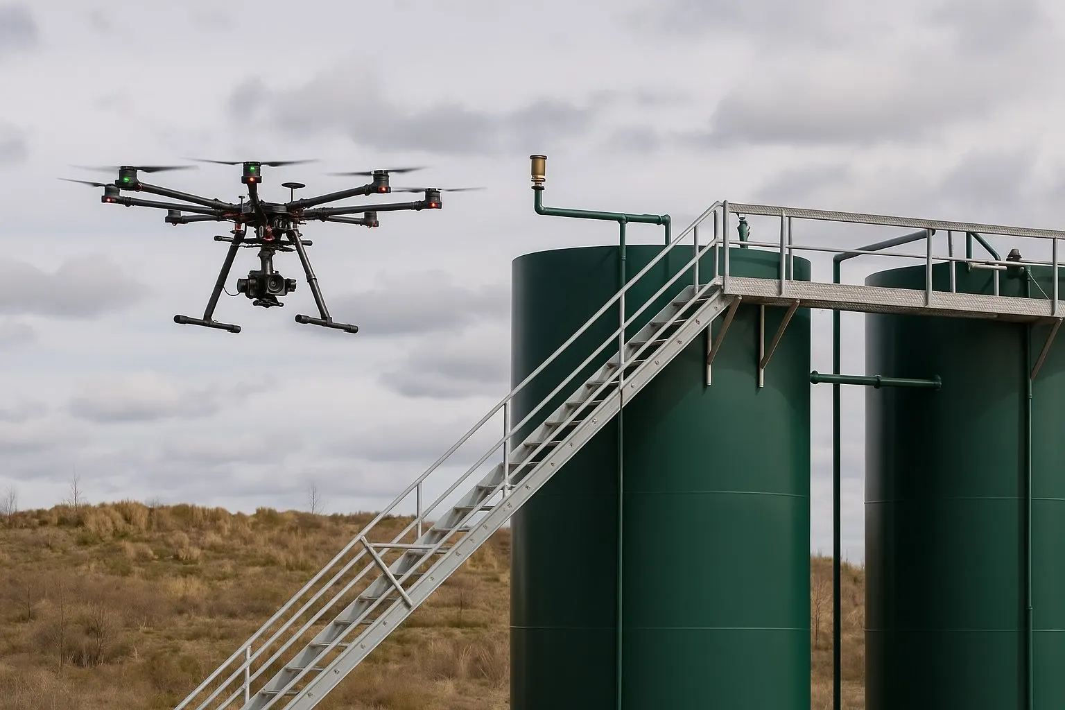 Inspection drone hovering beside oil storage tanks at a West Texas well site