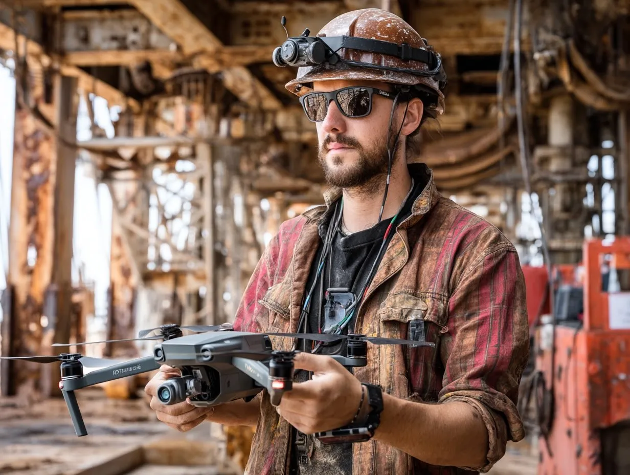 Drone pilot in a hard hat holding a quadcopter at an industrial rig site
