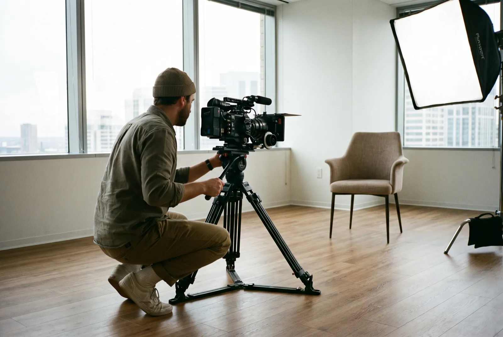 A cinematographer sets up one camera and a softbox light for an executive interview in an office meeting room