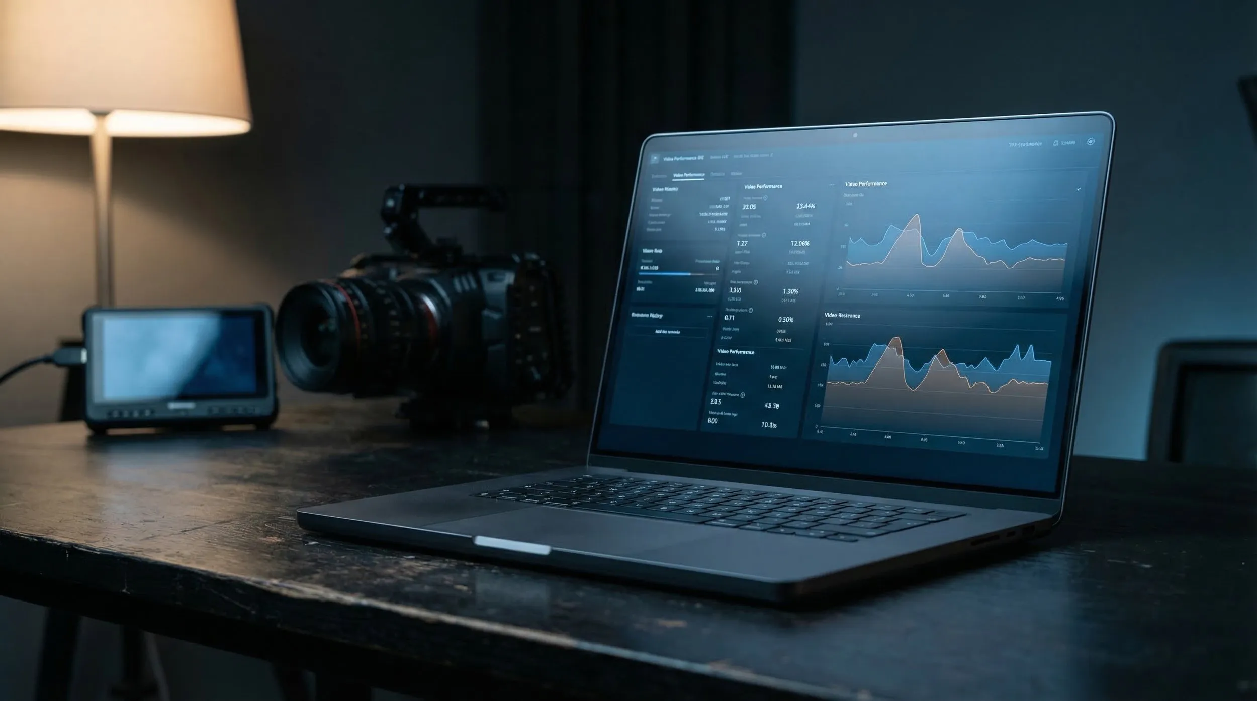 Laptop displaying video performance metrics beside a cinema camera