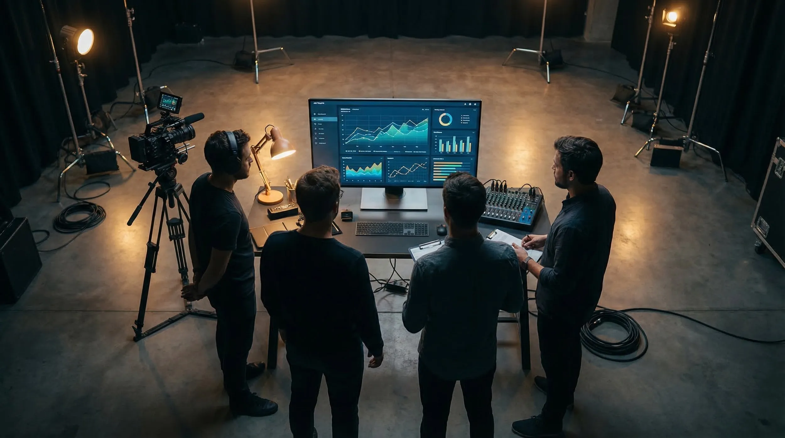 Marketing team reviewing video KPIs on an analytics dashboard in a production studio