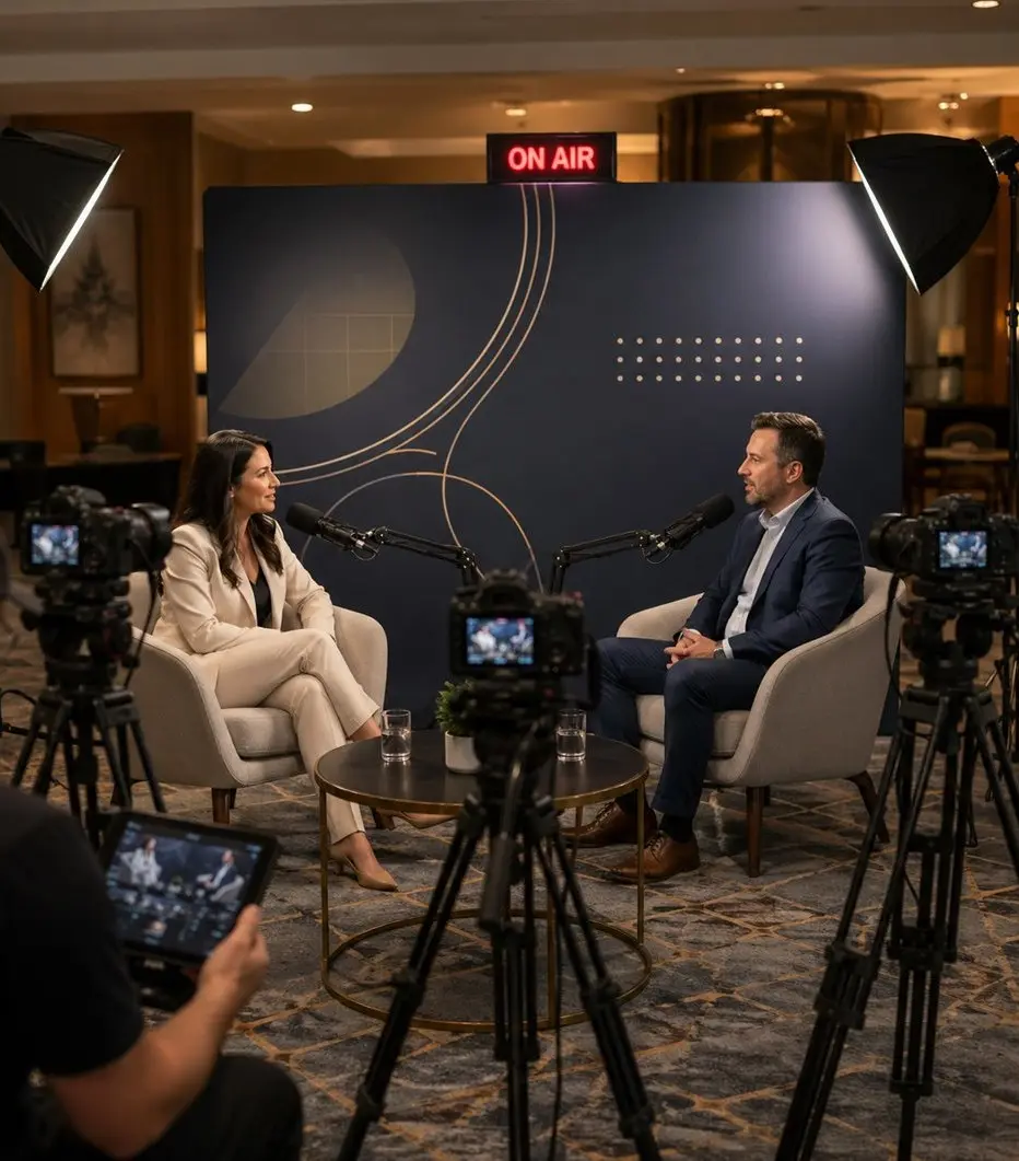 Hybrid cinema and multicam podcast lounge built inside a corporate event venue, with cameras, lights, and an ON AIR sign