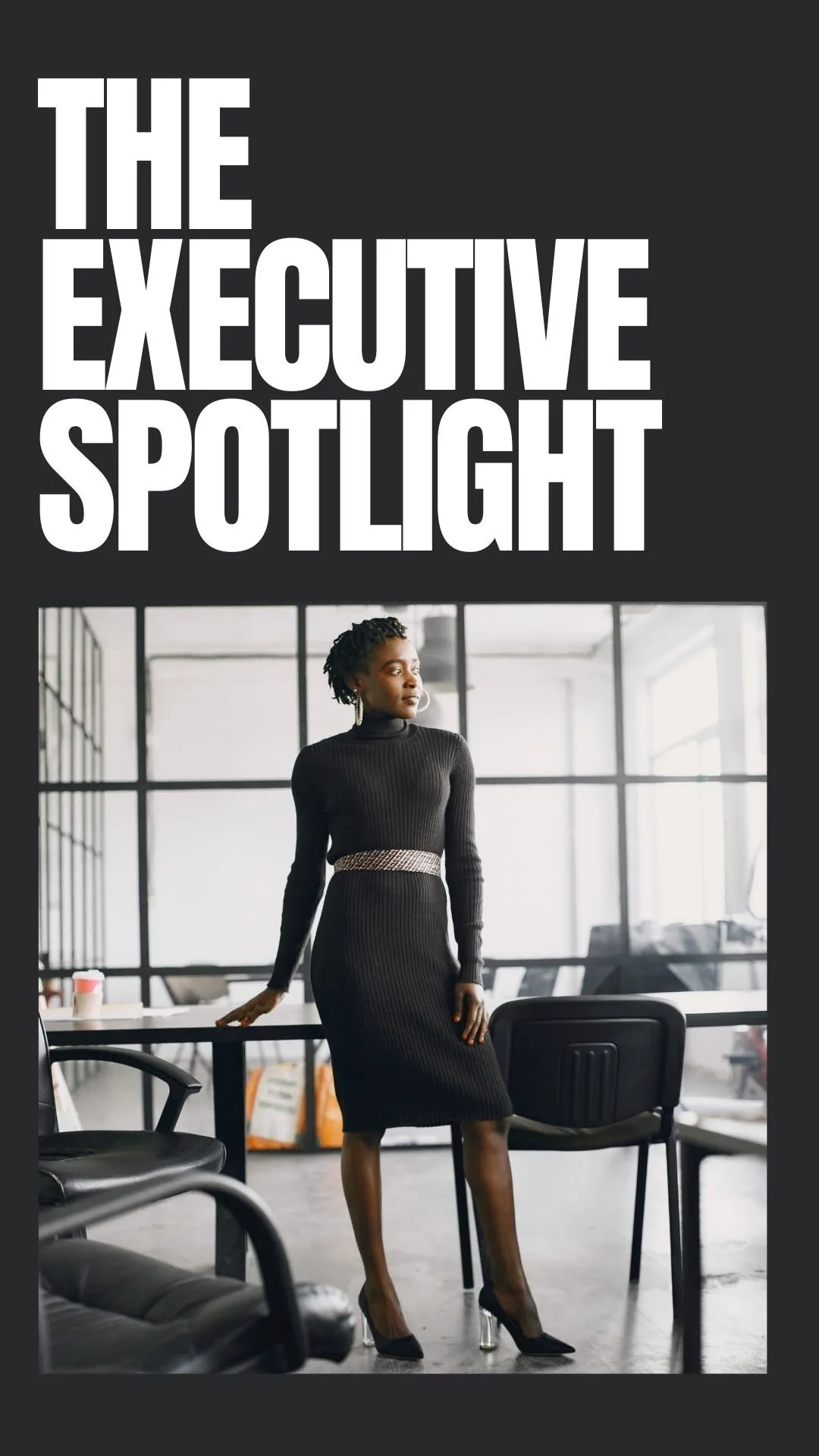 Title card for The Executive Spotlight package, an executive photographed standing in a modern office