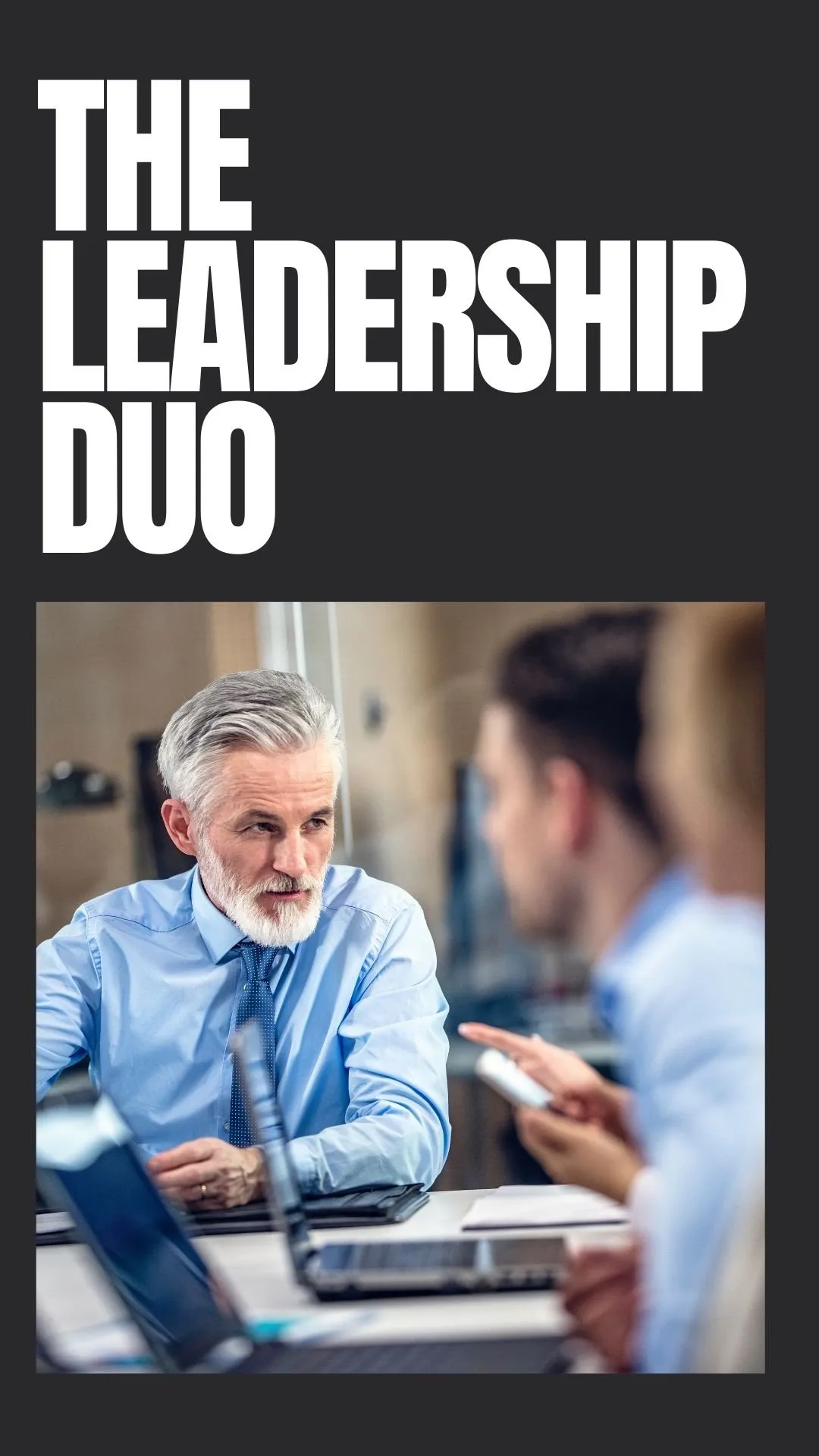 Title card for The Leadership Duo package, two executives filmed in conversation