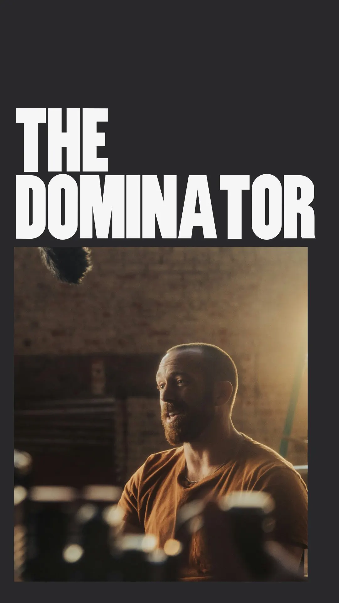 The Dominator package poster over a warm behind-the-scenes photo of an interview subject speaking on camera