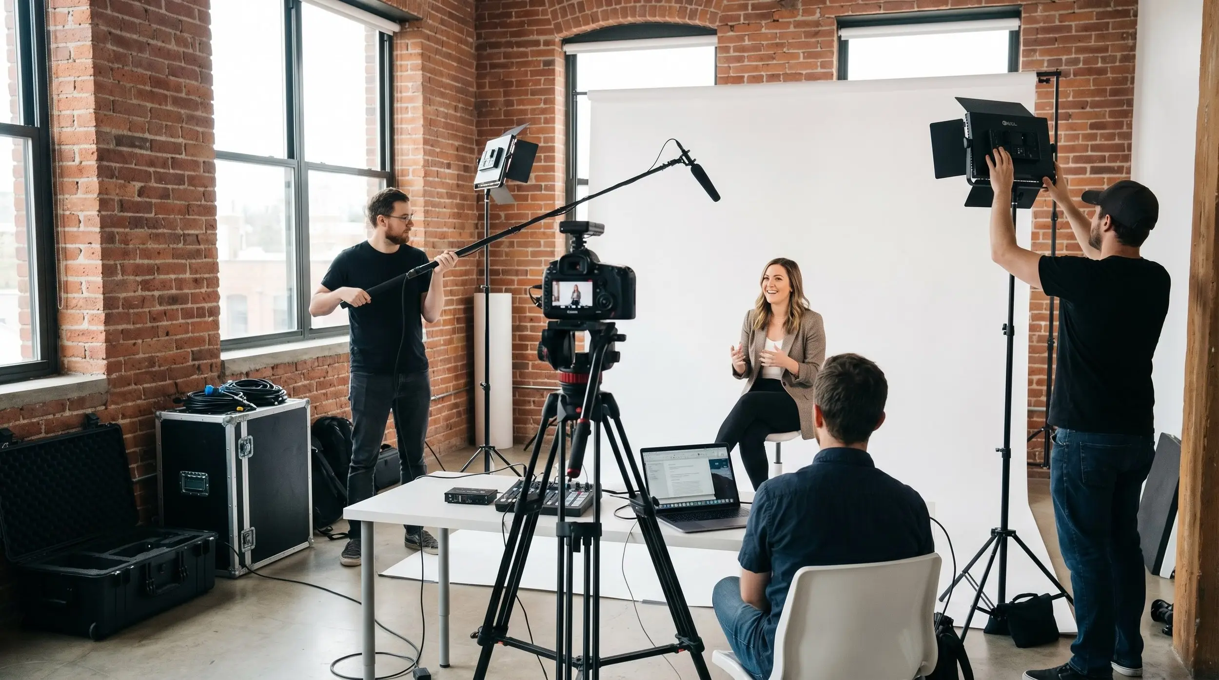 Crew filming a seated interview against a white backdrop in a brick loft studio
