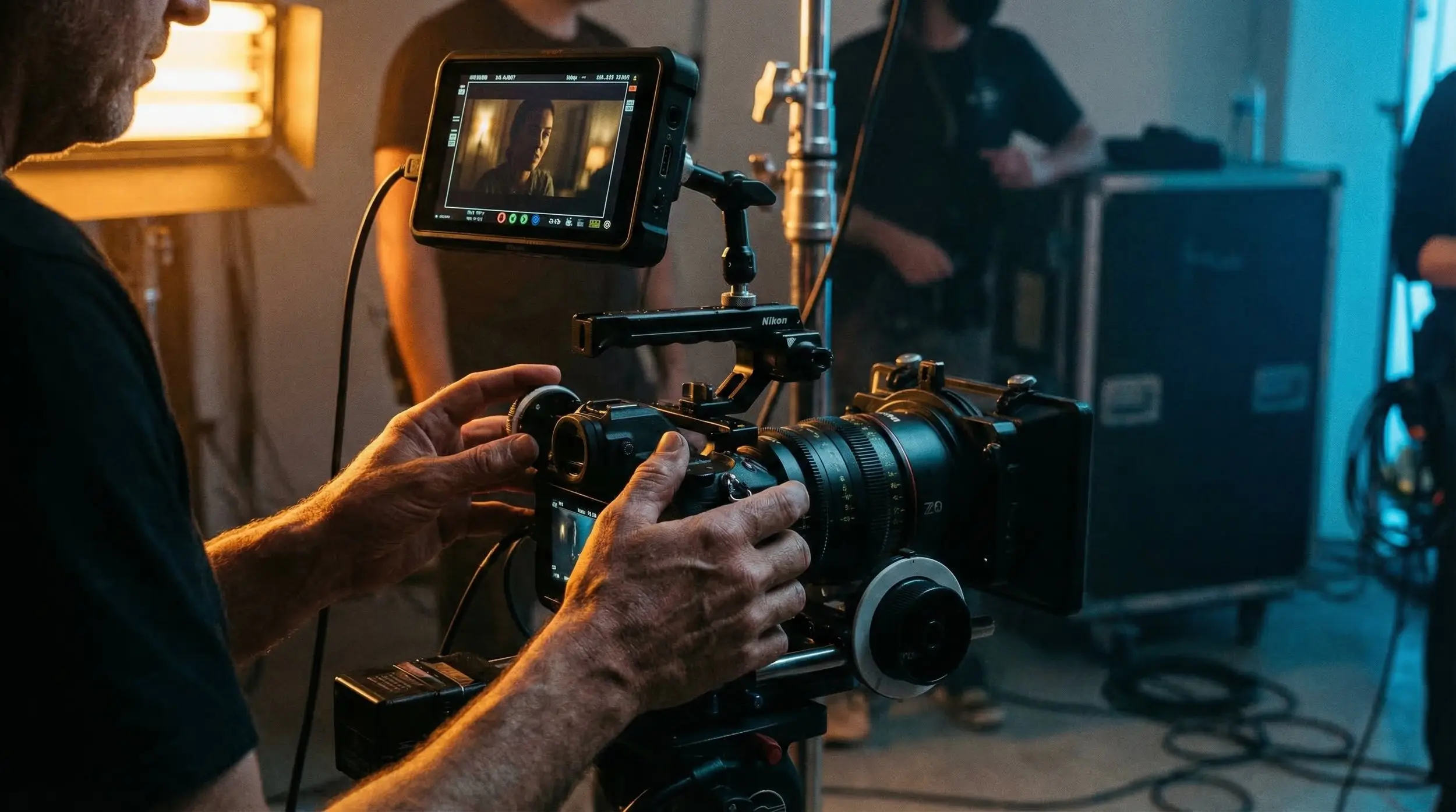 Camera operator adjusting a cinema rig while a field monitor shows the interview frame