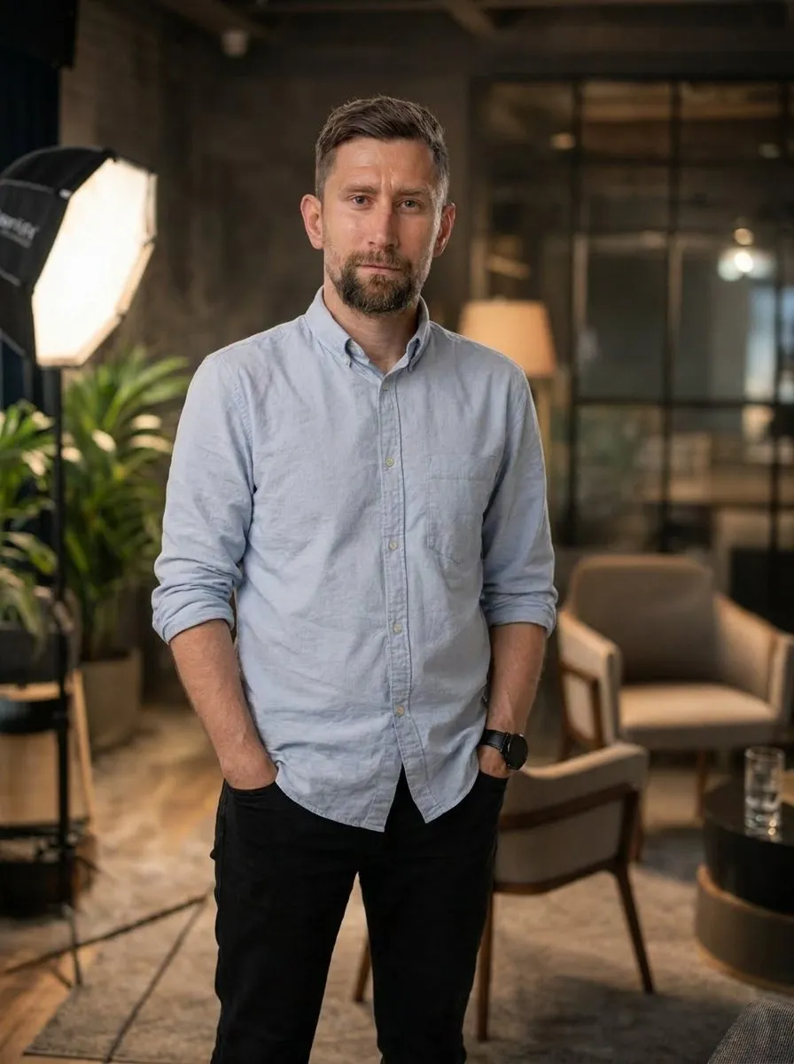 Sem Maltsev, founder of Image Media Lab, standing on set beside a softbox light