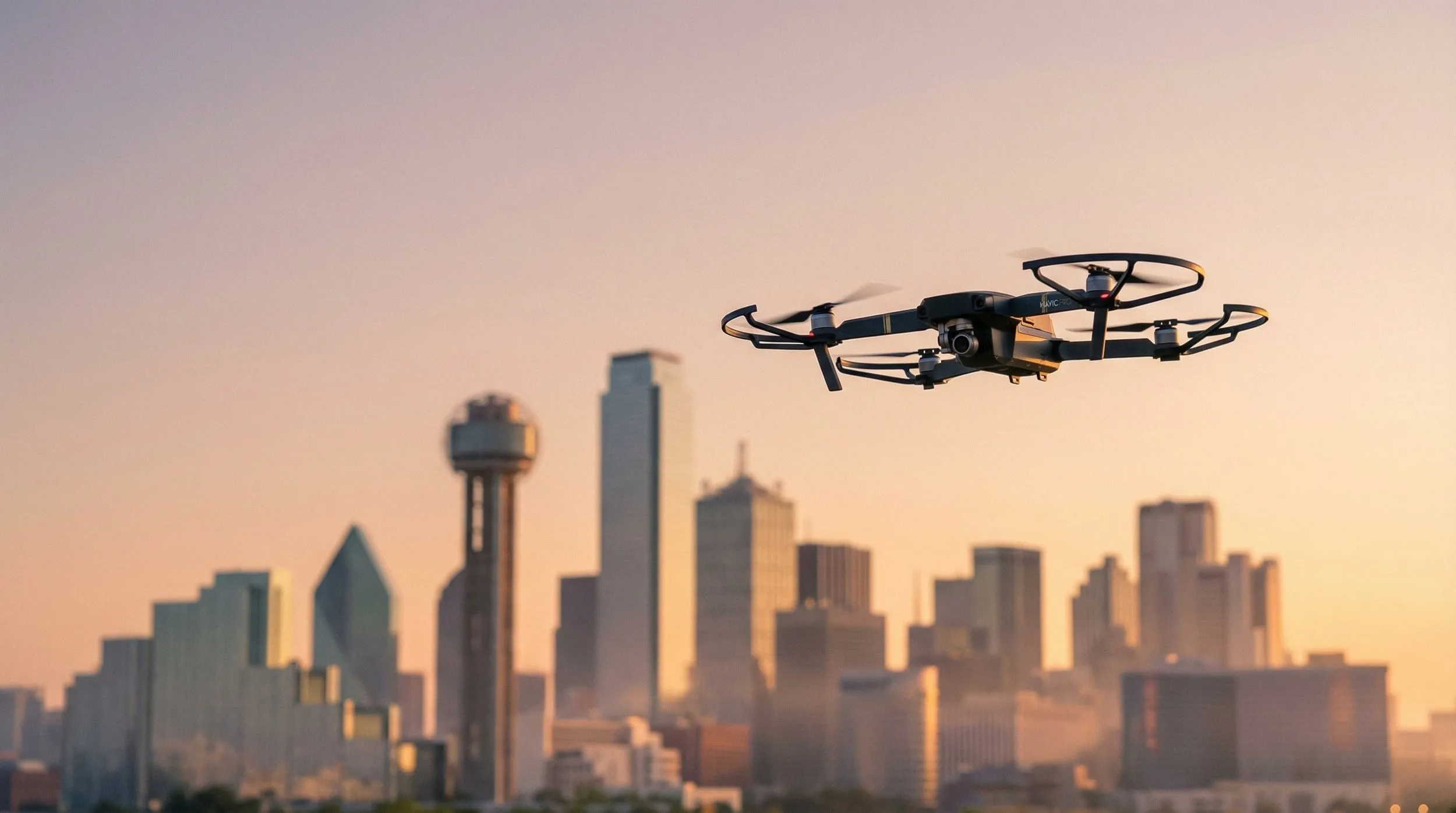 Drone hovering in front of the downtown Dallas skyline at sunset