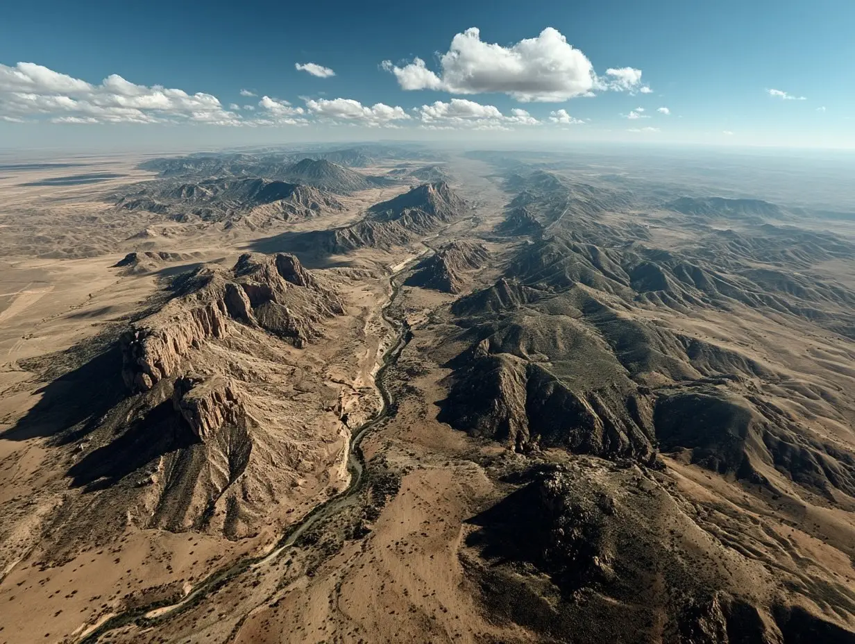 Aerial drone view of rugged remote Texas terrain