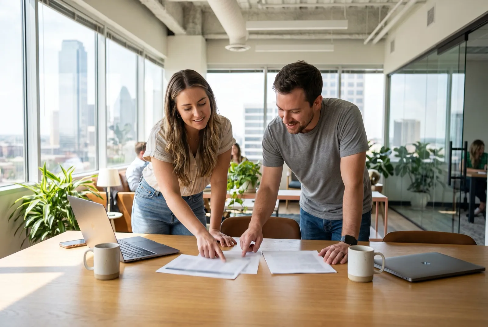A marketing manager and a video producer review a printed project plan at an office table